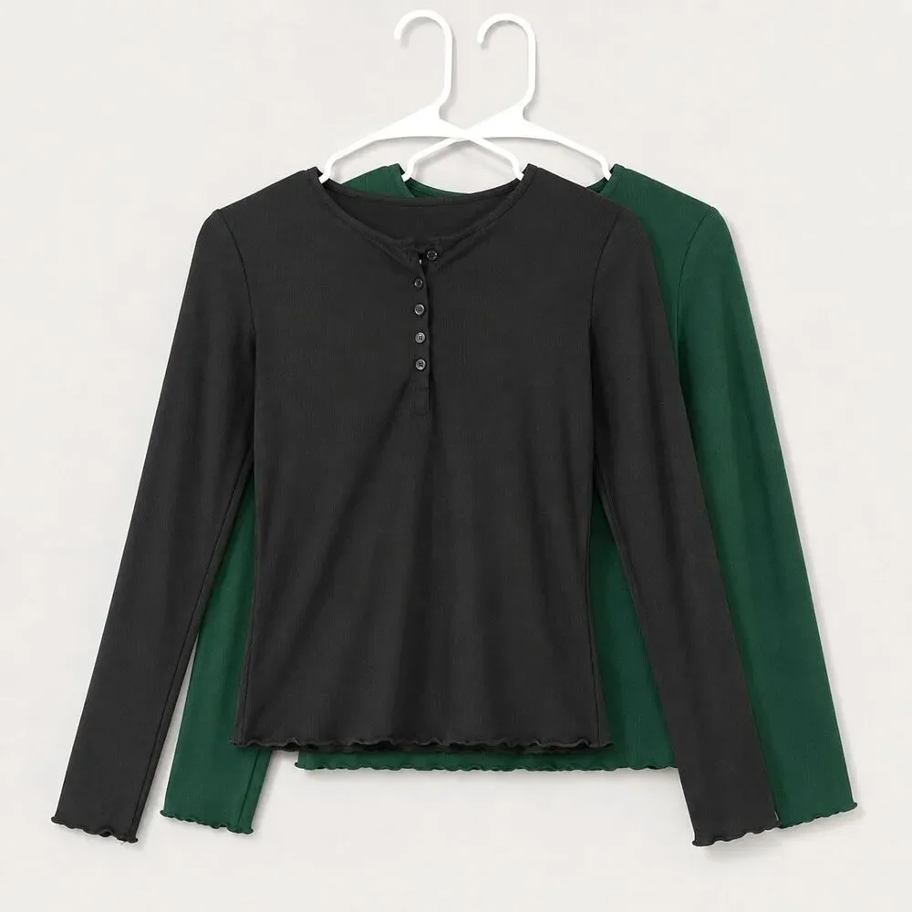 Dazy 2-Piece Ribbed Henley Tops Women’s M Black Green Long Sleeve NWT